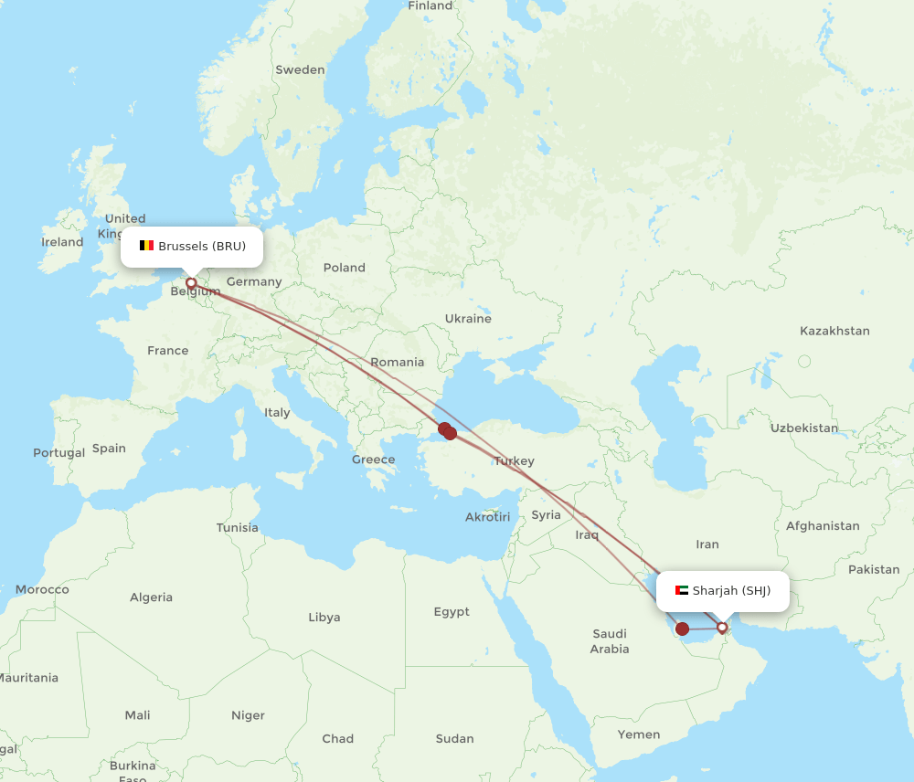 SHJ-BRU flight routes