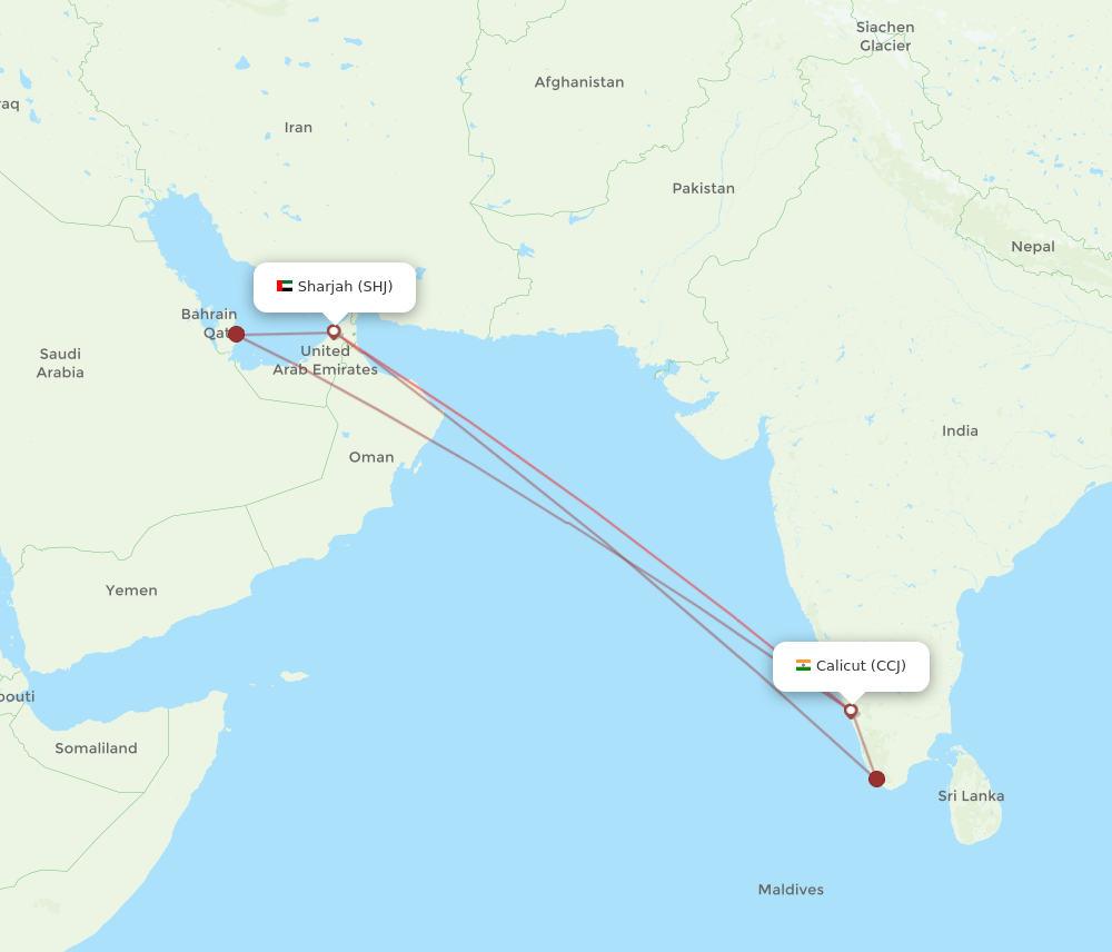 SHJ to CCJ flights and routes map