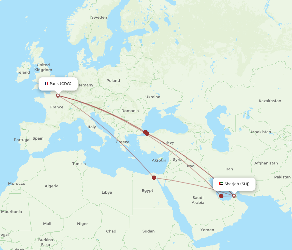 SHJ to CDG flights and routes map