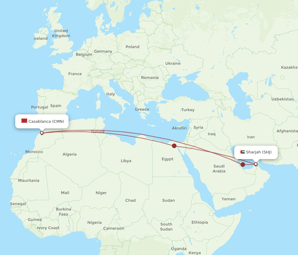 SHJ to CMN flights and routes map