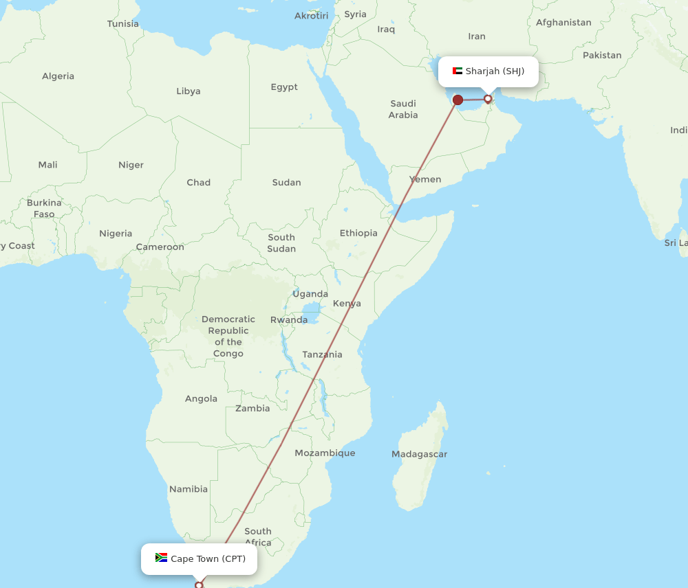 SHJ to CPT flights and routes map