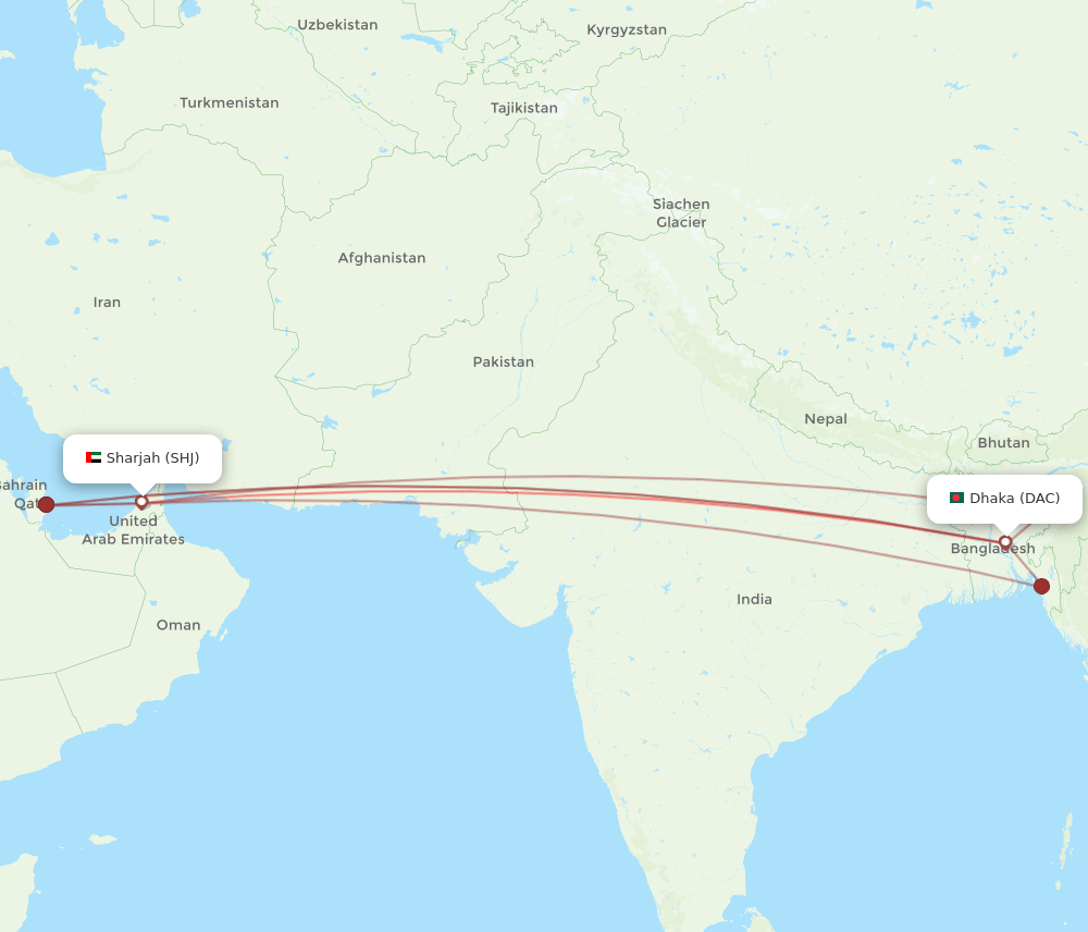 SHJ to DAC flights and routes map