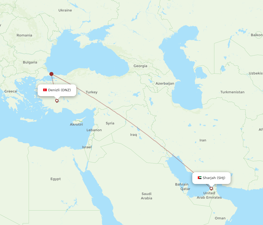 SHJ to DNZ flights and routes map