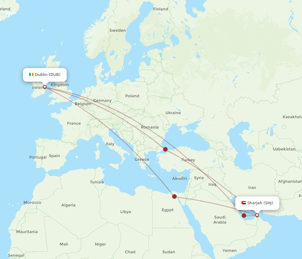 SHJ to DUB flights and routes map