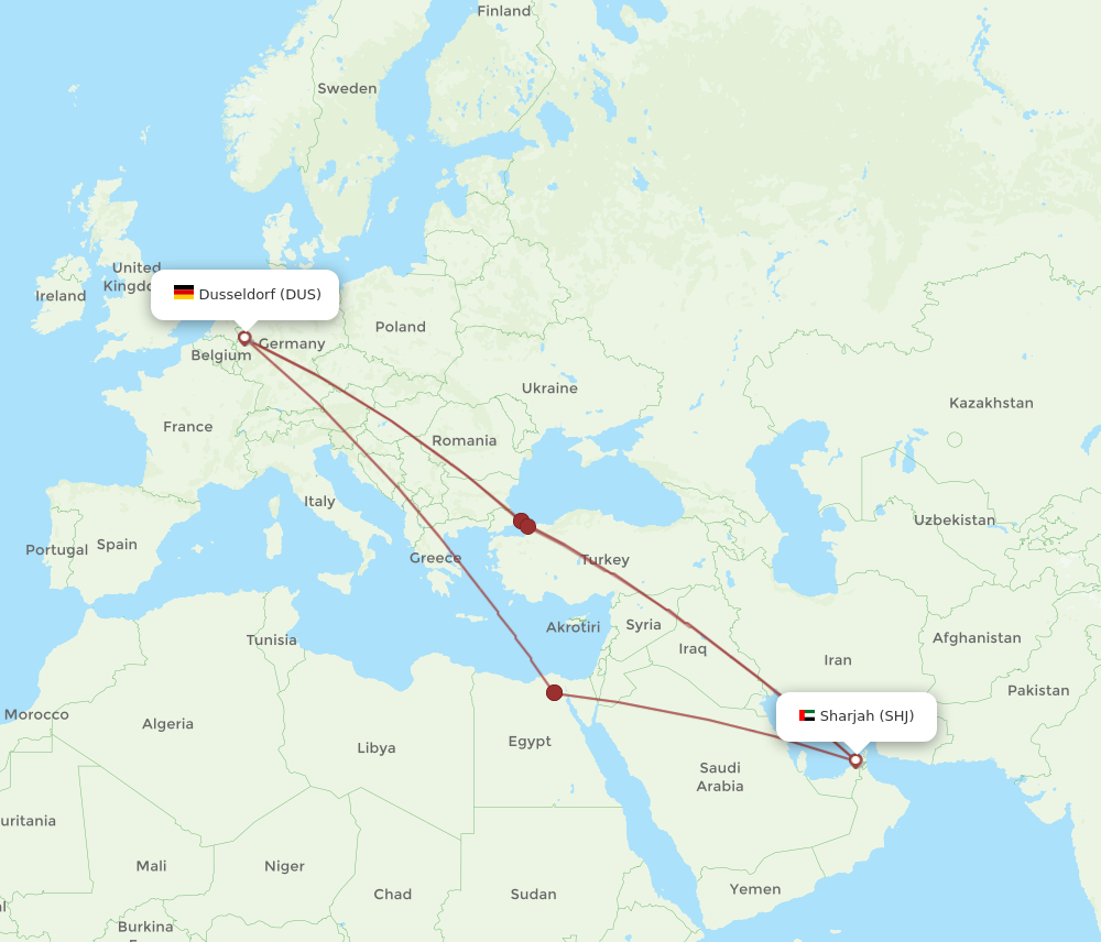 SHJ to DUS flights and routes map