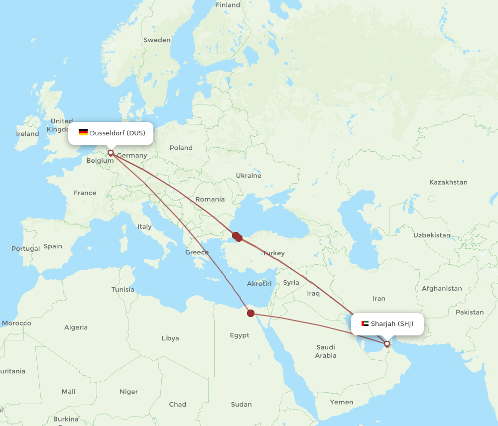 SHJ-DUS flight routes