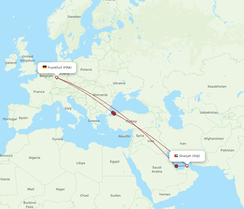 SHJ to FRA flights and routes map