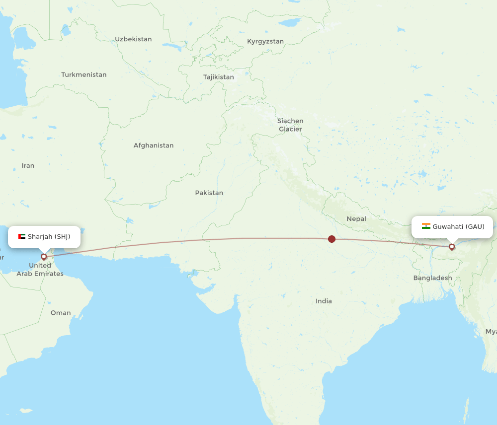 GAU to SHJ flights and routes map