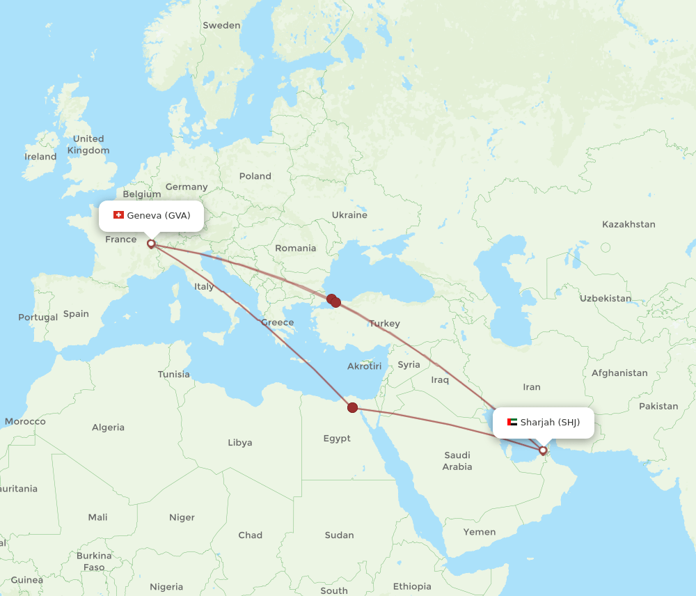 SHJ to GVA flights and routes map