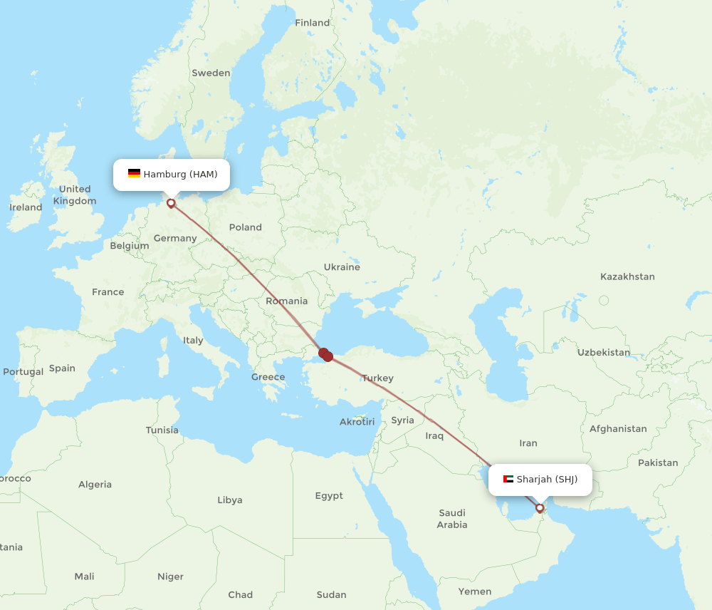 SHJ to HAM flights and routes map