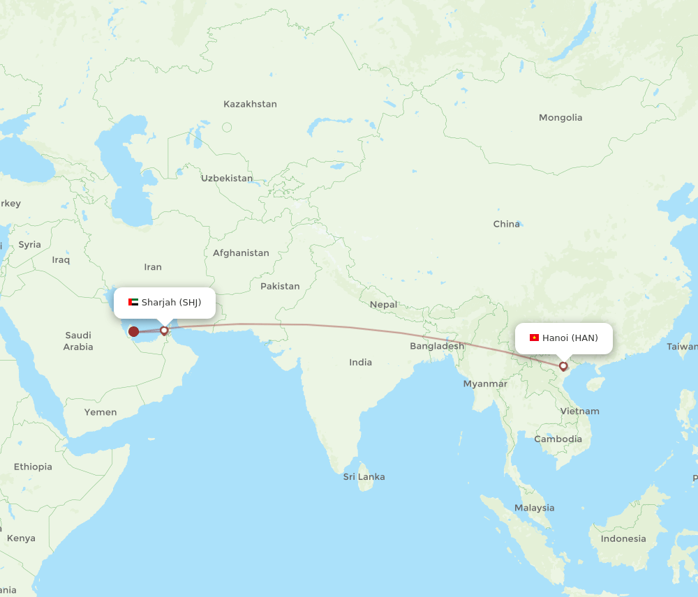 Hanoi - Sharjah route map and flight paths