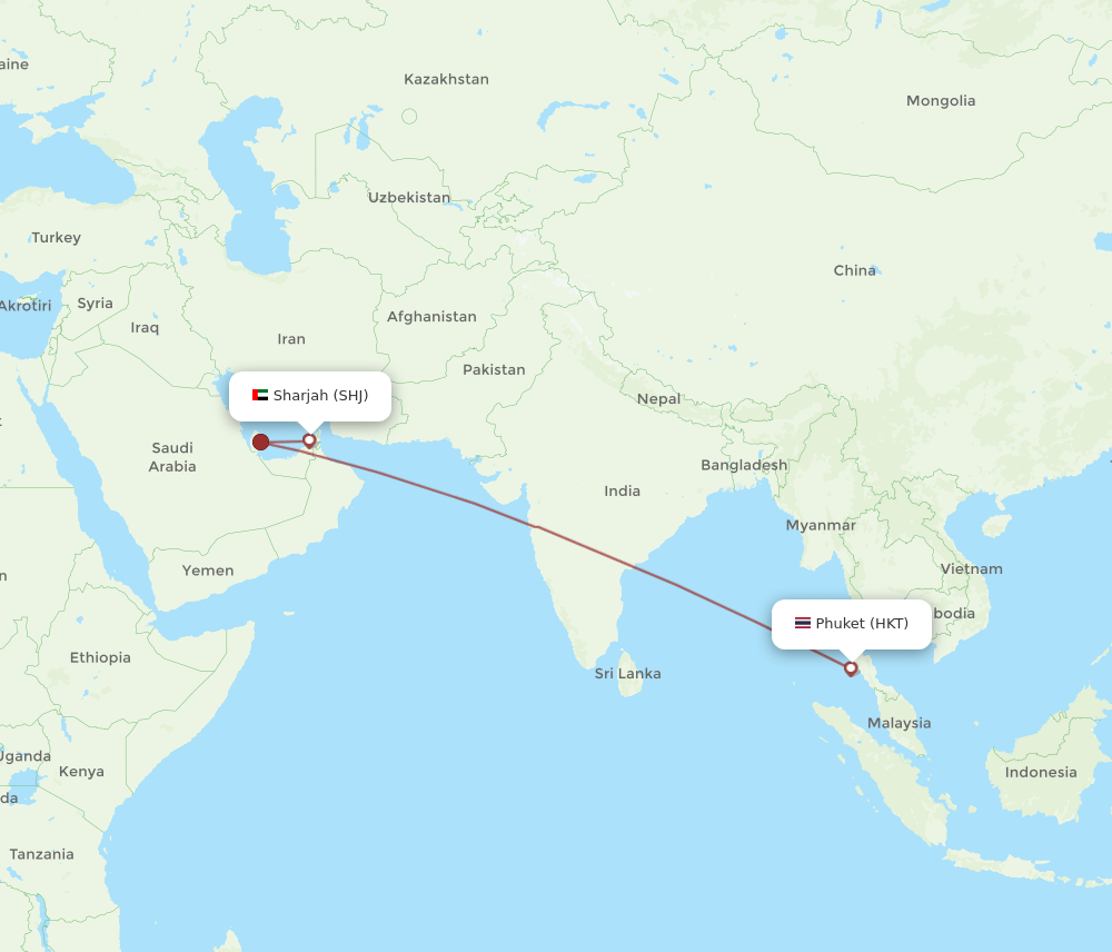 SHJ to HKT flights and routes map