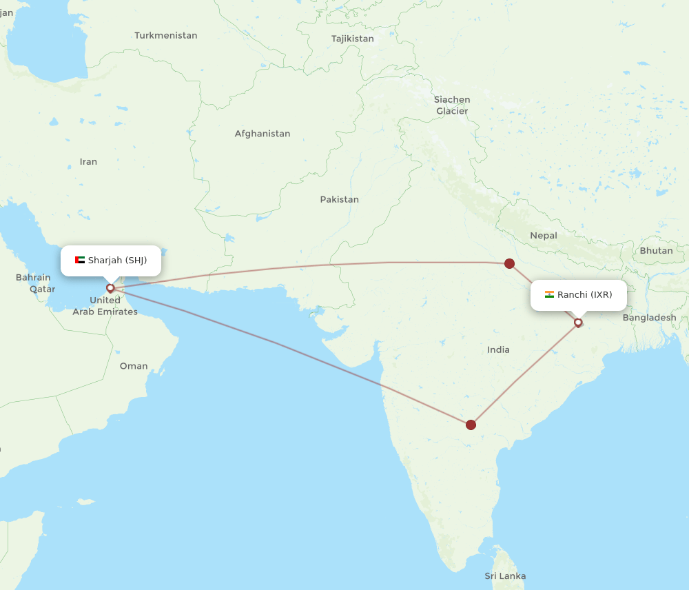 SHJ to IXR flights and routes map