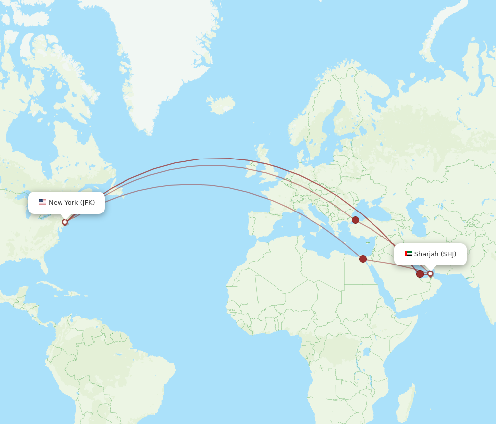 SHJ to JFK flights and routes map