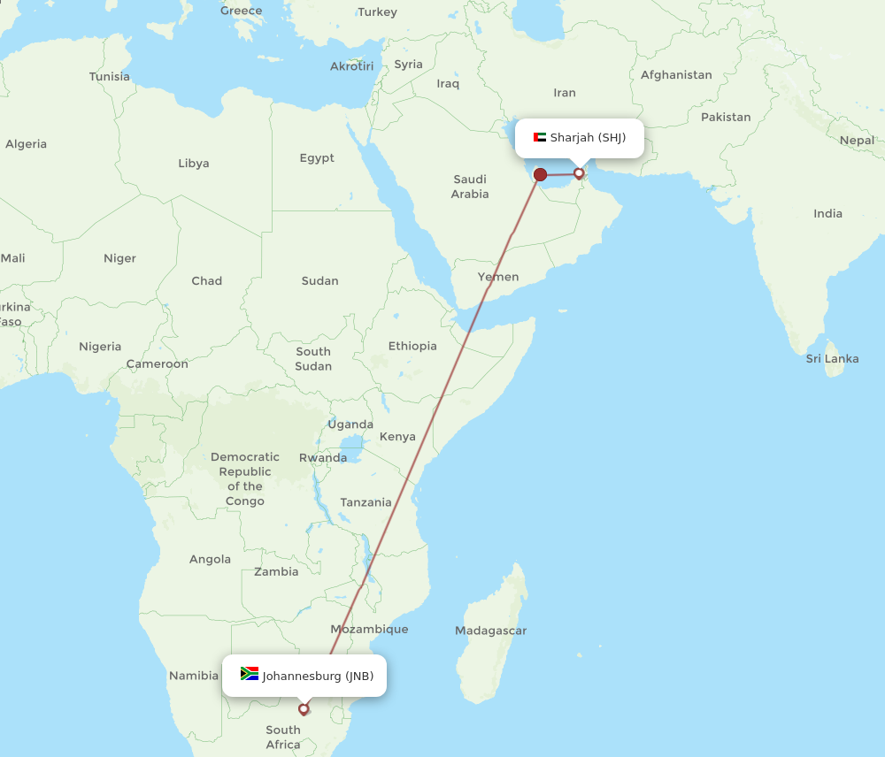 SHJ to JNB flights and routes map