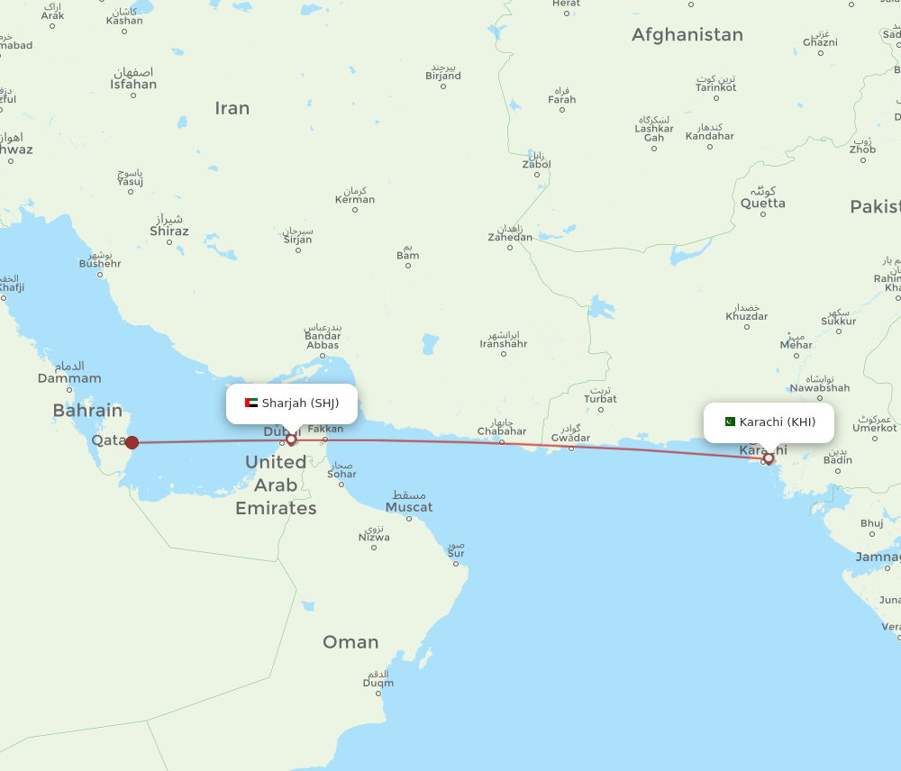 SHJ to KHI flights and routes map