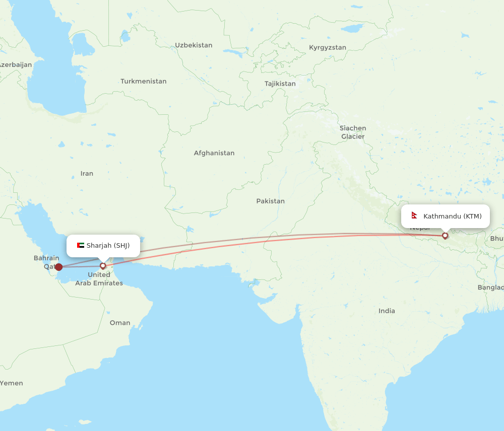 SHJ-KTM flight routes