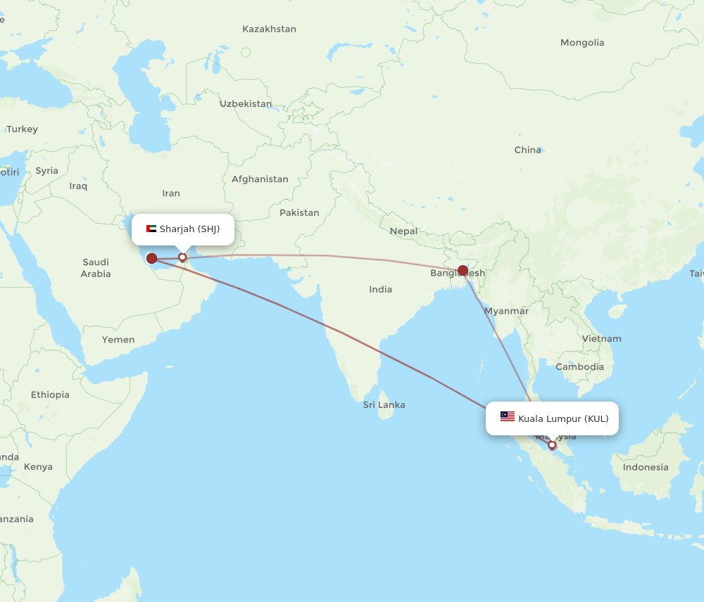 SHJ to KUL flights and routes map