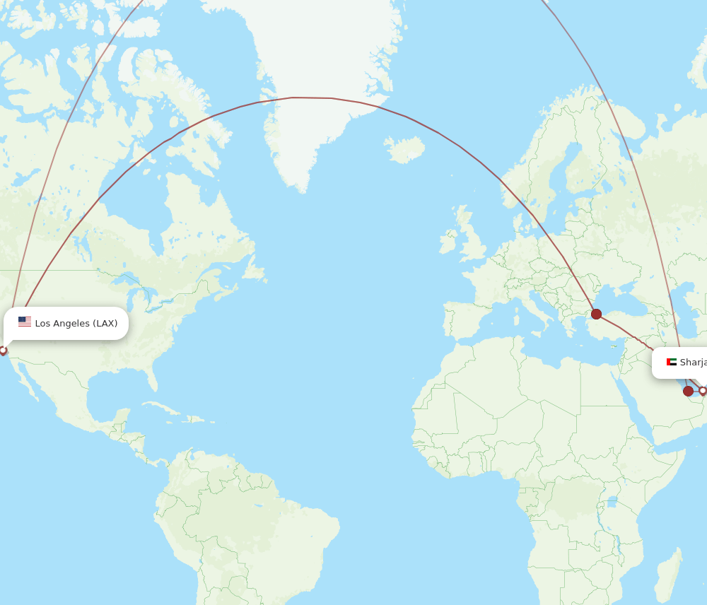 SHJ-LAX flight routes