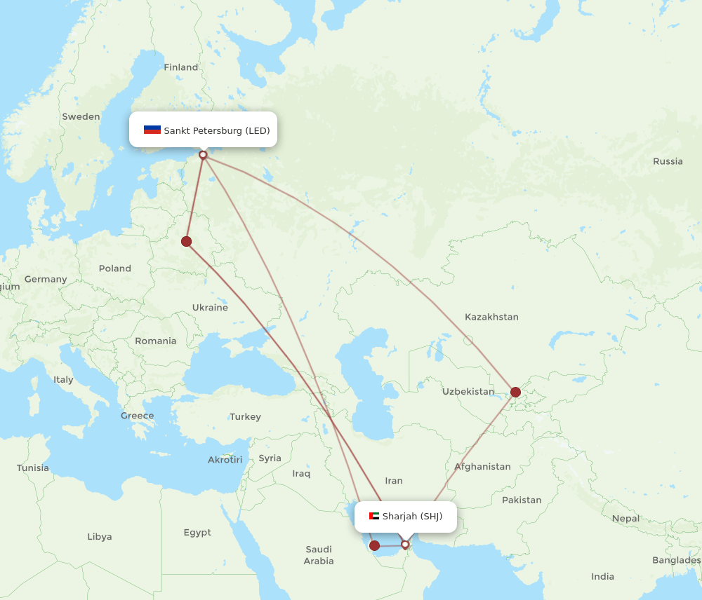 SHJ to LED flights and routes map
