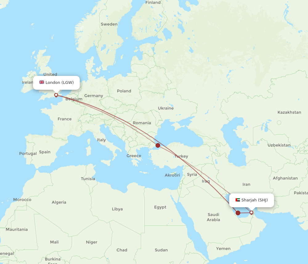 SHJ to LGW flights and routes map