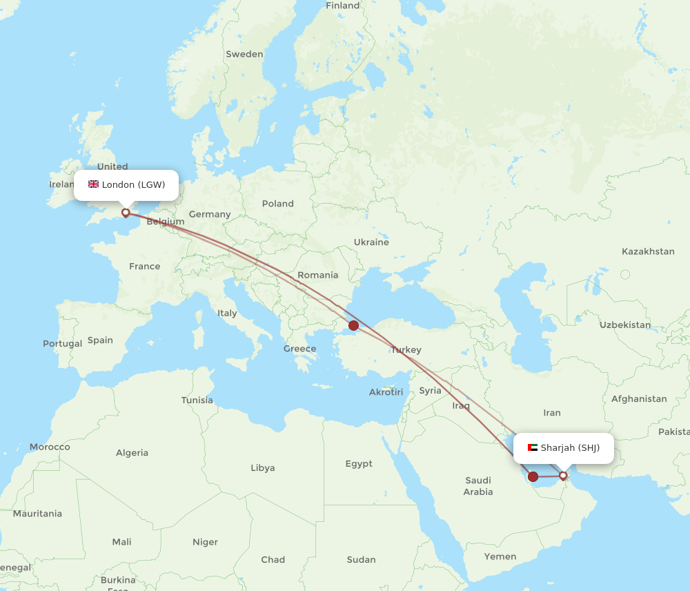 SHJ-LGW flight routes