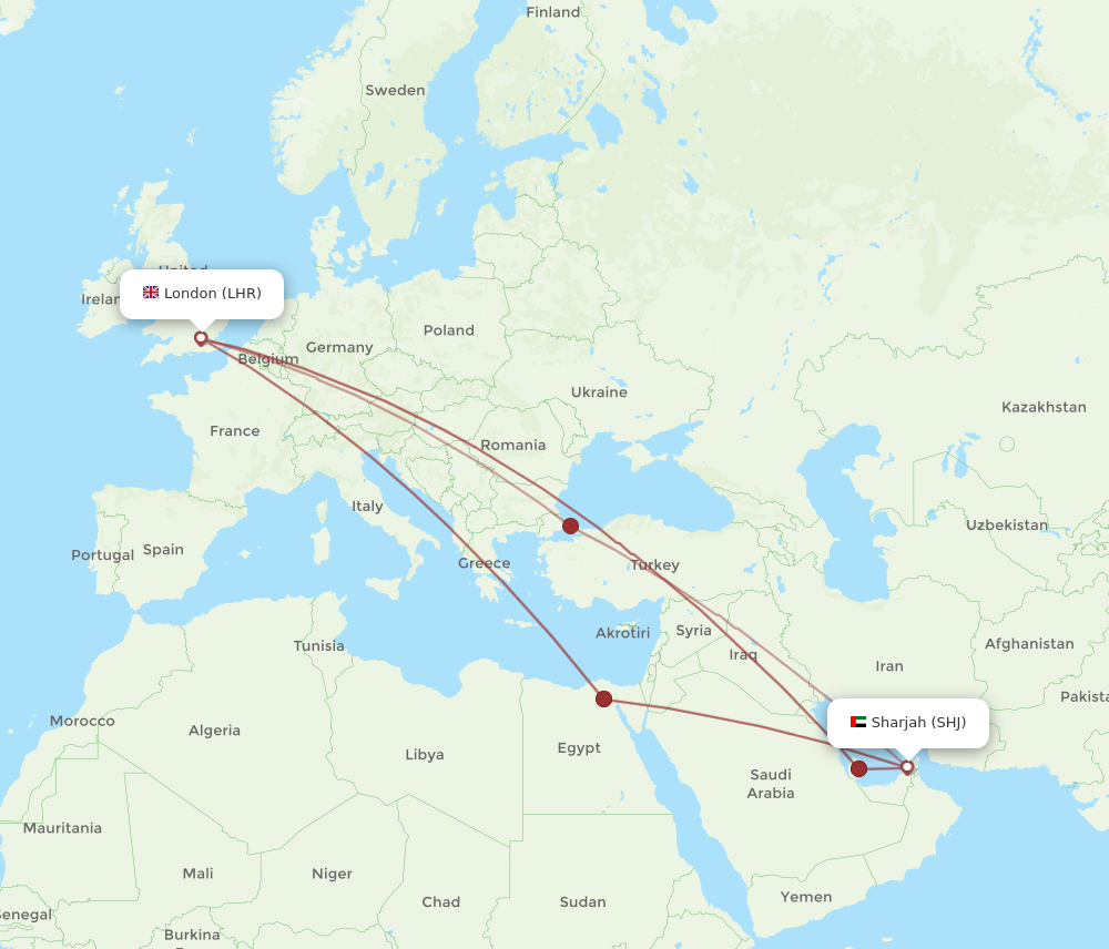 SHJ to LHR flights and routes map