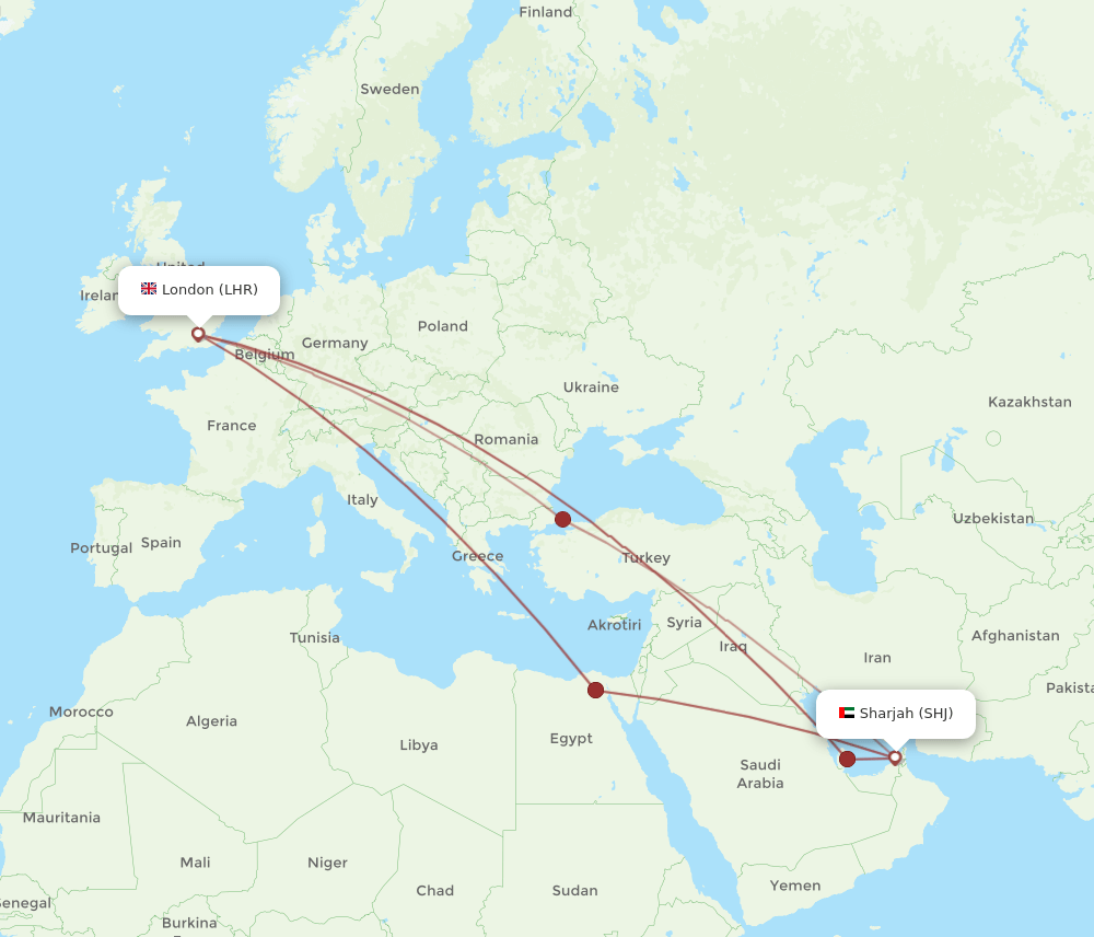 SHJ-LHR flight routes