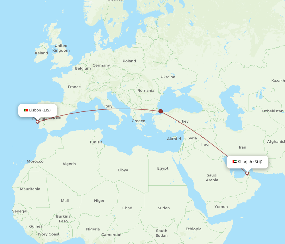 SHJ-LIS flight routes