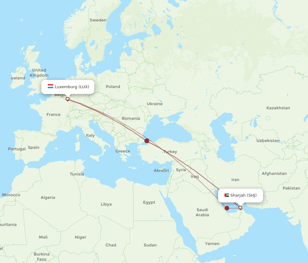 Sharjah - Luxembourg route map and flight paths