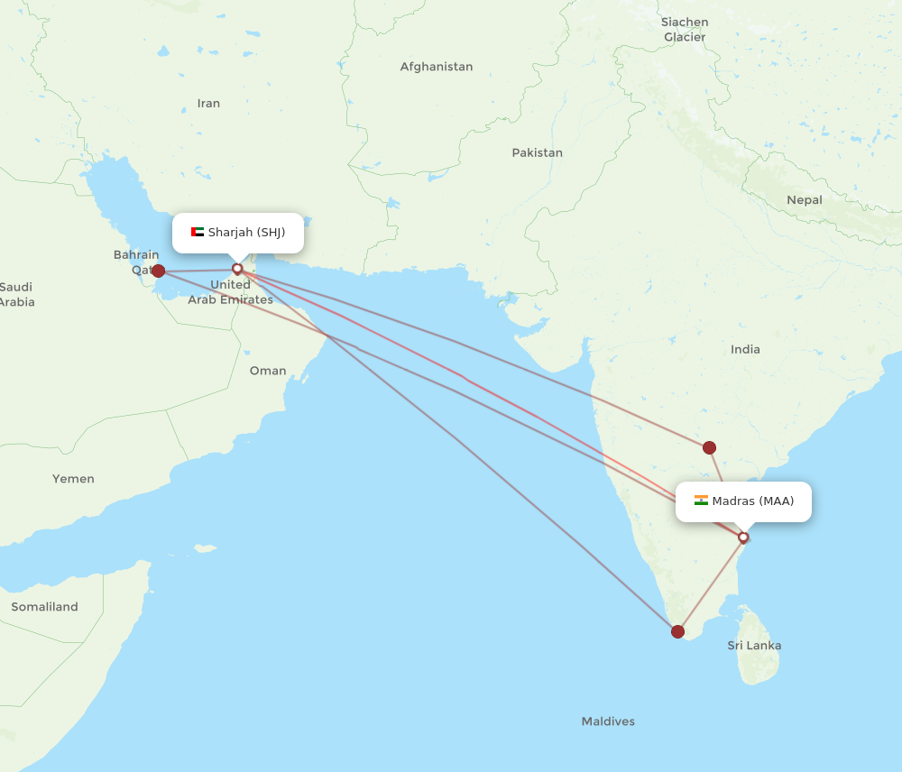 SHJ to MAA flights and routes map