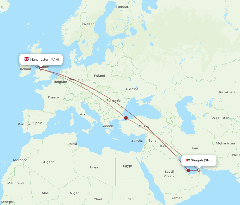 SHJ to MAN flights and routes map