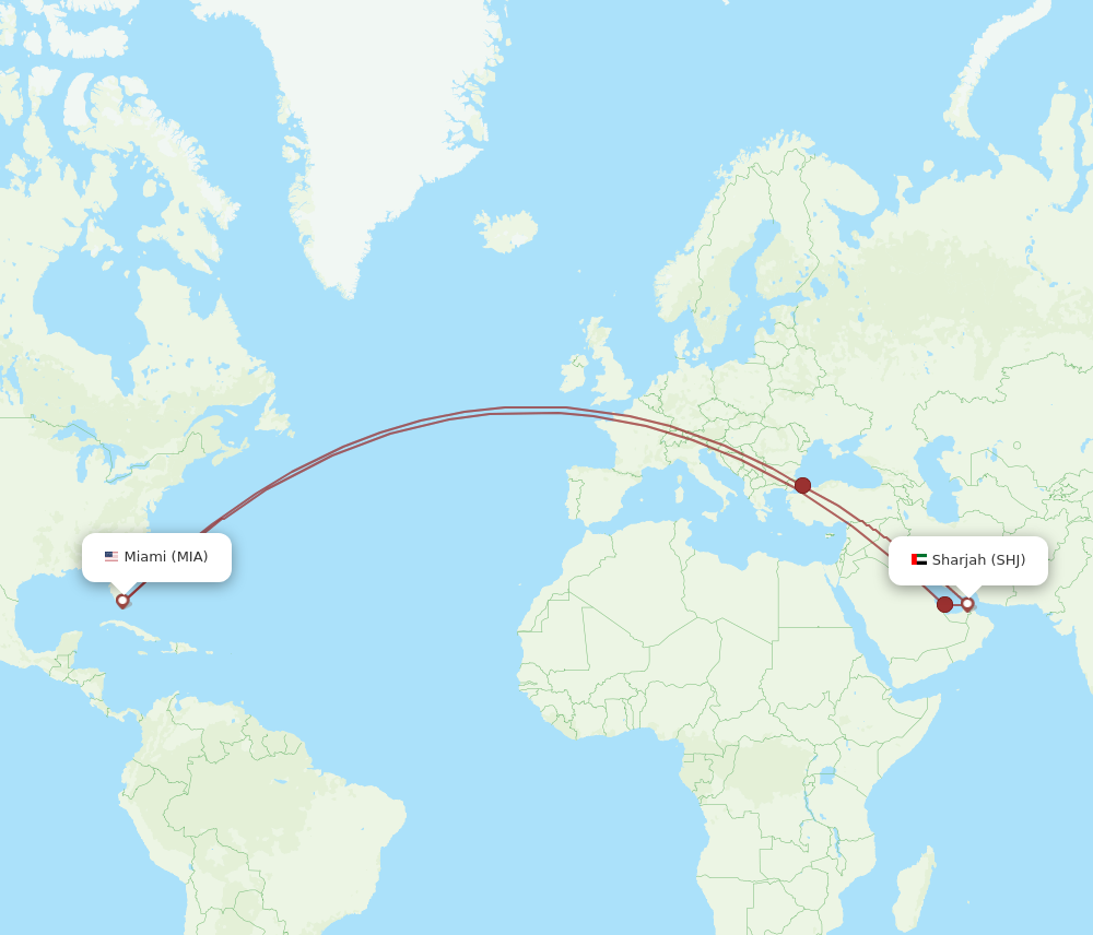 SHJ to MIA flights and routes map