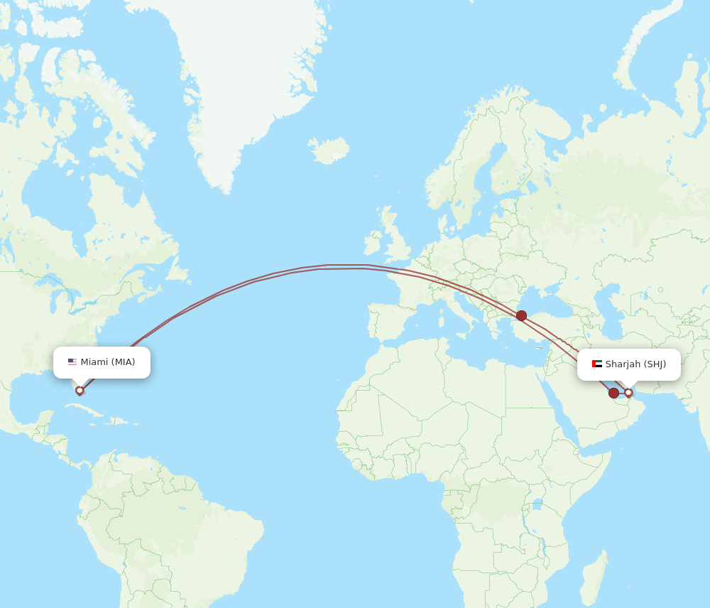 SHJ-MIA flight routes