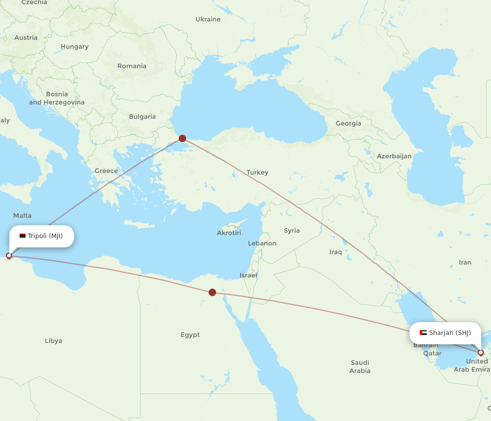 MJI to SHJ flights and routes map