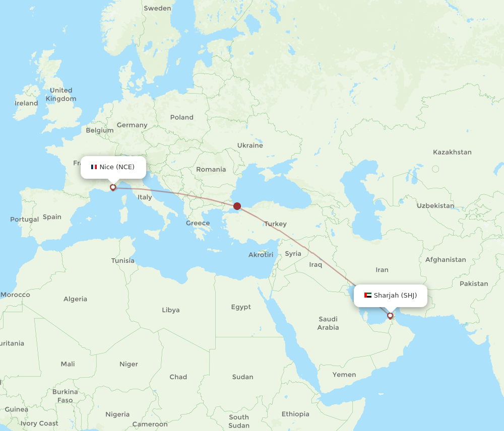 SHJ to NCE flights and routes map
