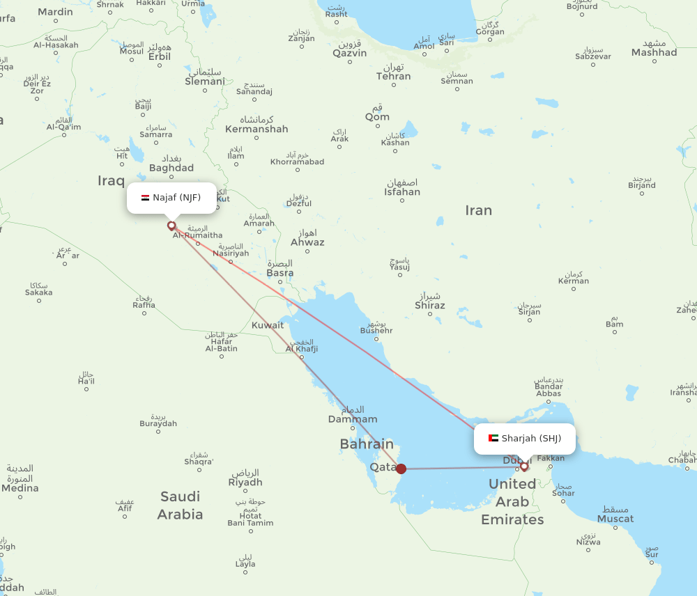 SHJ to NJF flights and routes map