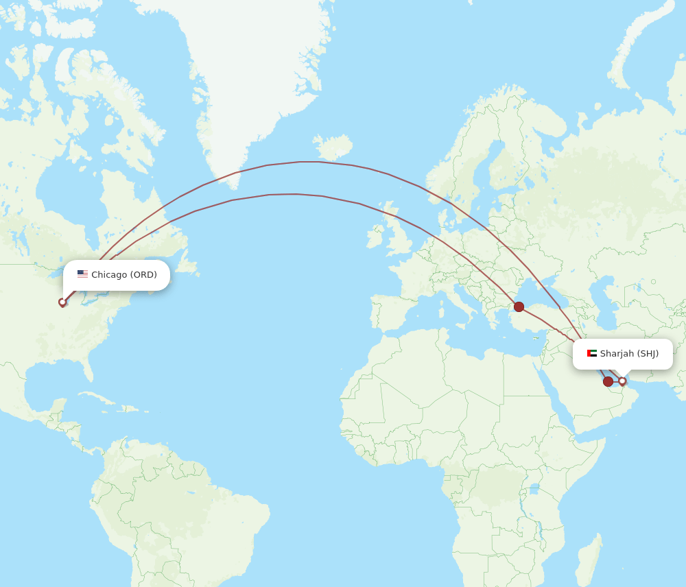 SHJ-ORD flight routes