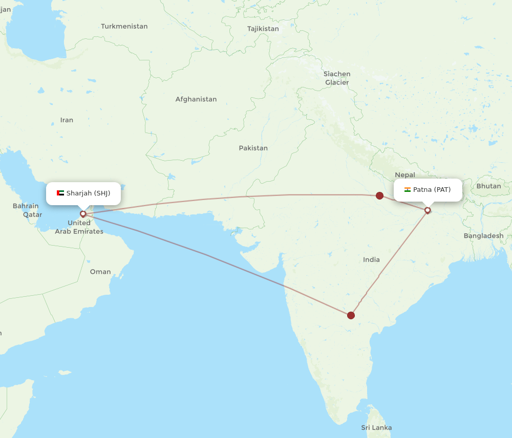 Patna - Sharjah route map and flight paths