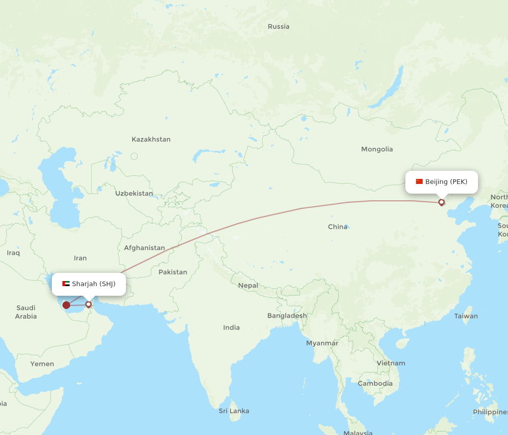 Sharjah - Beijing route map and flight paths
