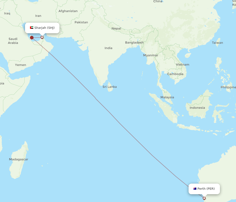 SHJ-PER flight routes