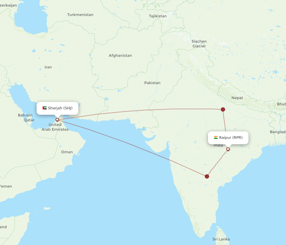 SHJ to RPR flights and routes map