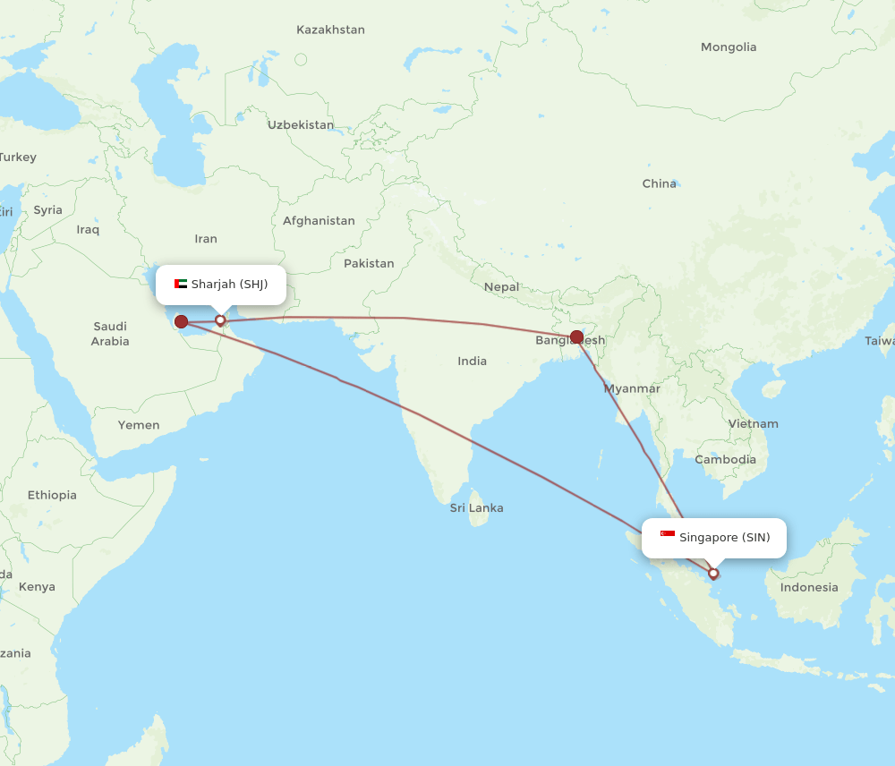 SHJ to SIN flights and routes map