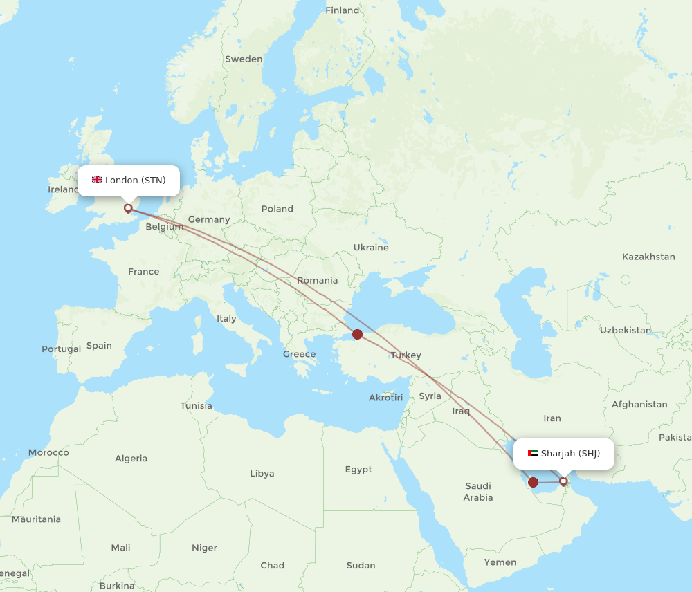 SHJ to STN flights and routes map