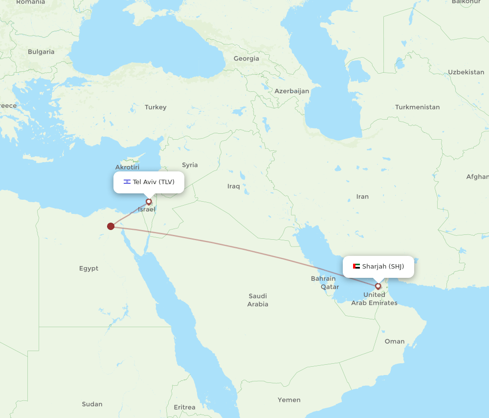 Tel Aviv-Yafo - Sharjah route map and flight paths