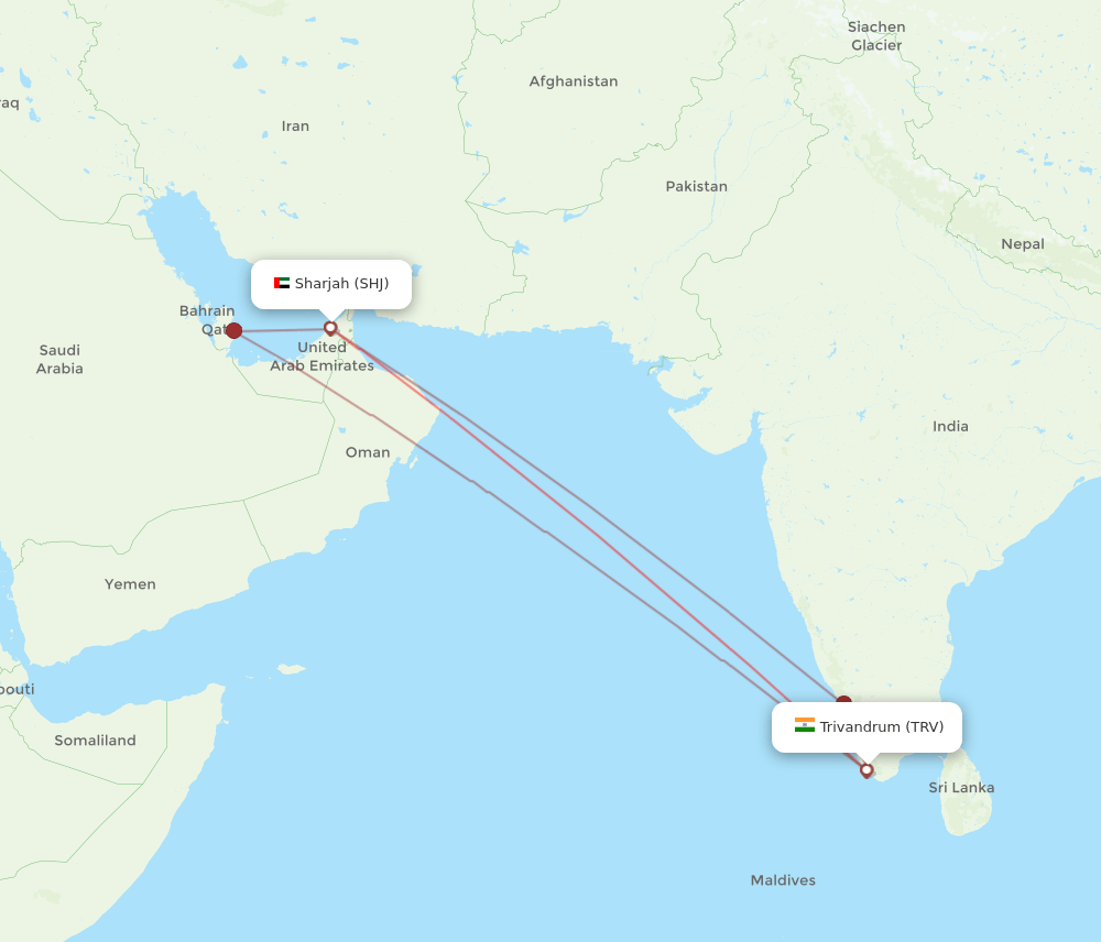 SHJ to TRV flights and routes map