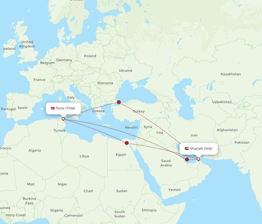 SHJ-TUN flight routes