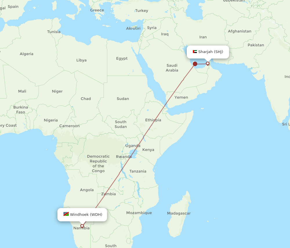 Windhoek - Sharjah route map and flight paths