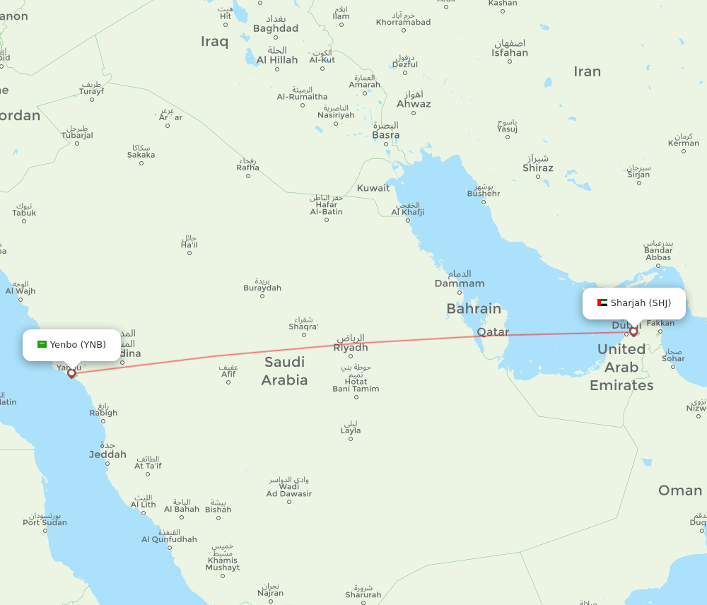 Sharjah - Yanbu route map and flight paths