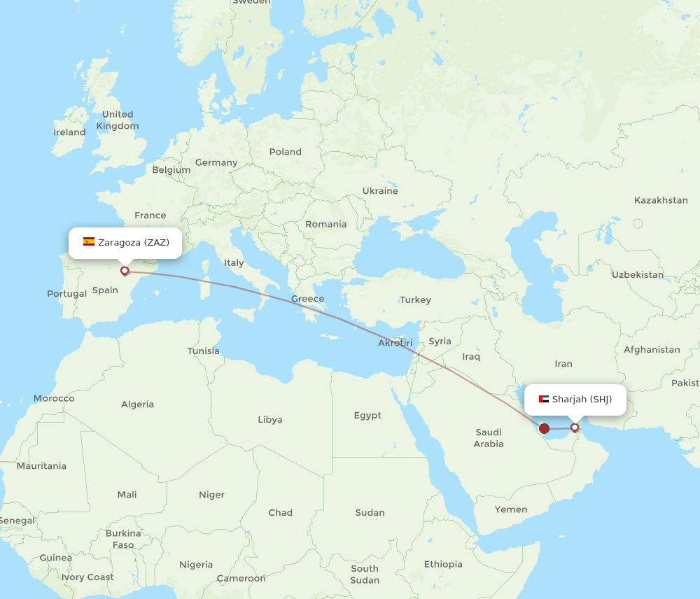 Sharjah - Zaragoza route map and flight paths